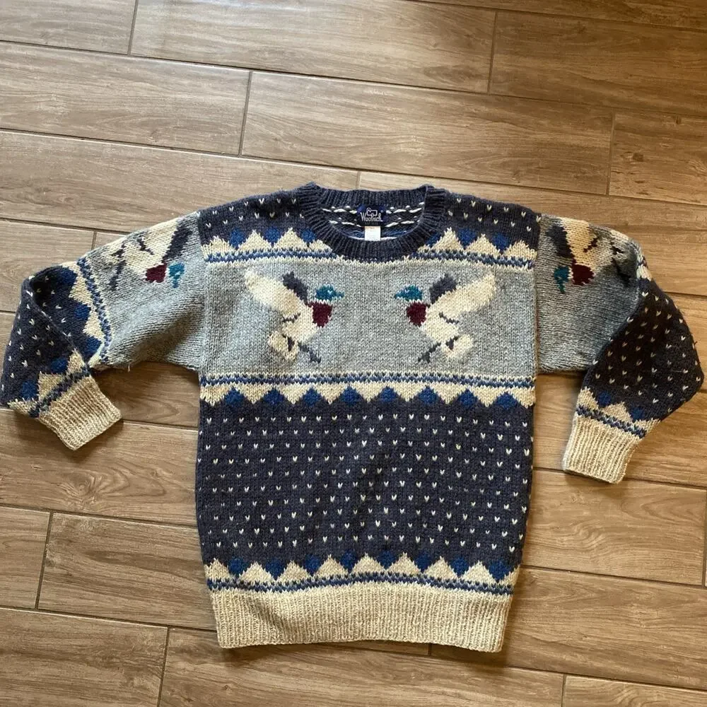 Woolrich Duck Mallard Graphic Knit Sweater Pullover 100% Wool Size Large